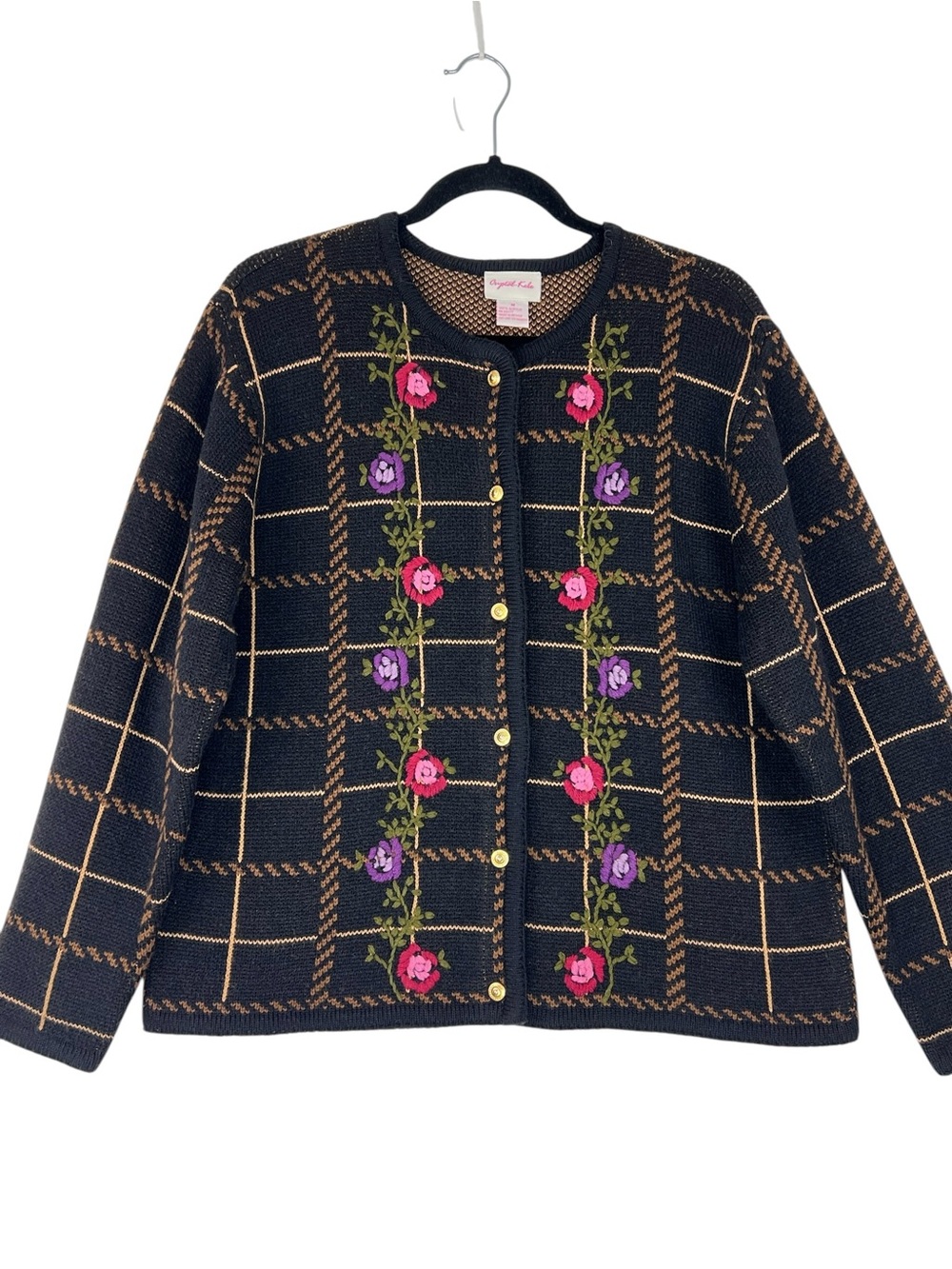 Vintage Embroidered Floral Cardigan Womens Medium Black Cottagecore Grandmacore